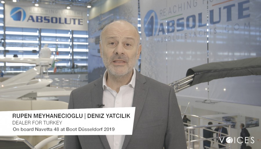 “The Absolute Voices”. At Boot Düsseldorf 2019 on board the Navetta 48 with Rupen Meyhanecioglu of Deniz Yatcilik, Absolute dealer in Turkey